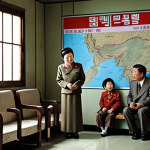 **

A North Korean family gathered around a "Kwangmyong" intranet terminal, looking at news. The scene should depict a simple home interior, with propaganda posters on the wall. The overall tone is muted and controlled. Consider elements like the clothing and expressions to hint at limited access and regulated information.

**