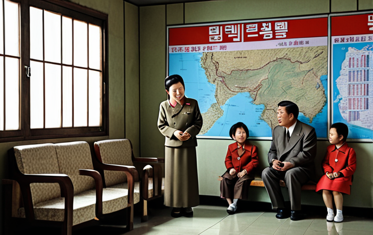 **

A North Korean family gathered around a "Kwangmyong" intranet terminal, looking at news. The scene should depict a simple home interior, with propaganda posters on the wall. The overall tone is muted and controlled. Consider elements like the clothing and expressions to hint at limited access and regulated information.

**