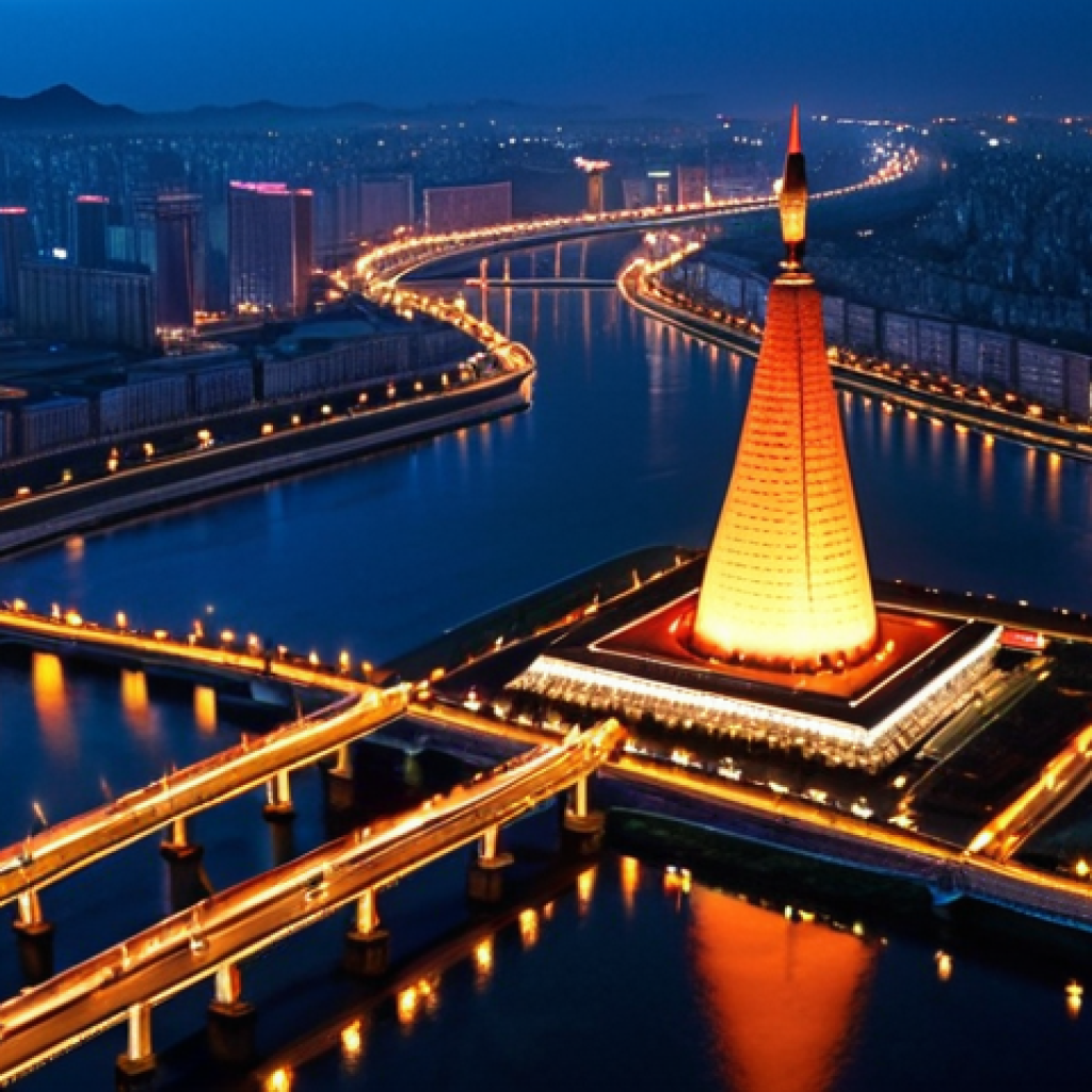 **Image Prompt 1:**
A stunning night aerial view of Pyongyang's Daedong River, with the brilliantly illuminated Juche Tower and the unique pyramid shape of the Ryugyong Hotel majestically reflected on the water's surface. The city lights glow, creating a mystical and grand urban landscape that blends modernity with the ancient flow of the river, emphasizing its role as the city's "artery" and "soul."