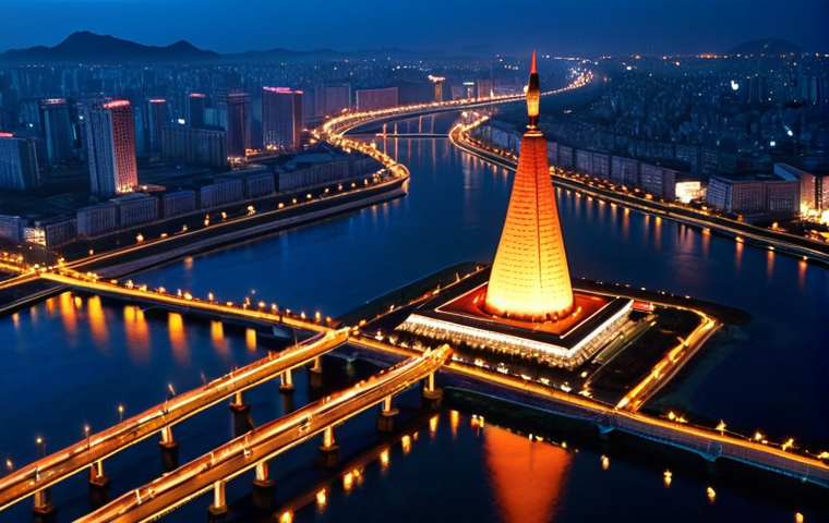 **Image Prompt 1:**
    A stunning night aerial view of Pyongyang's Daedong River, with the brilliantly illuminated Juche Tower and the unique pyramid shape of the Ryugyong Hotel majestically reflected on the water's surface. The city lights glow, creating a mystical and grand urban landscape that blends modernity with the ancient flow of the river, emphasizing its role as the city's "artery" and "soul."