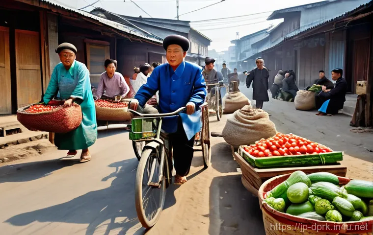 북한의 물류 시스템 화물 이동 방식 - Prompt 1: Bustling Jangmadang Market Scene** 북한의 물류 시스템 화물 이동 방식 - Prompt 1: Bustling Jangmadang Market Scene**