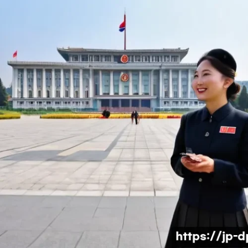 북한의 관광 가이드   역할과 규정 - **"A confident and professional female North Korean tour guide, in her late 20s, with a neat, dark u...