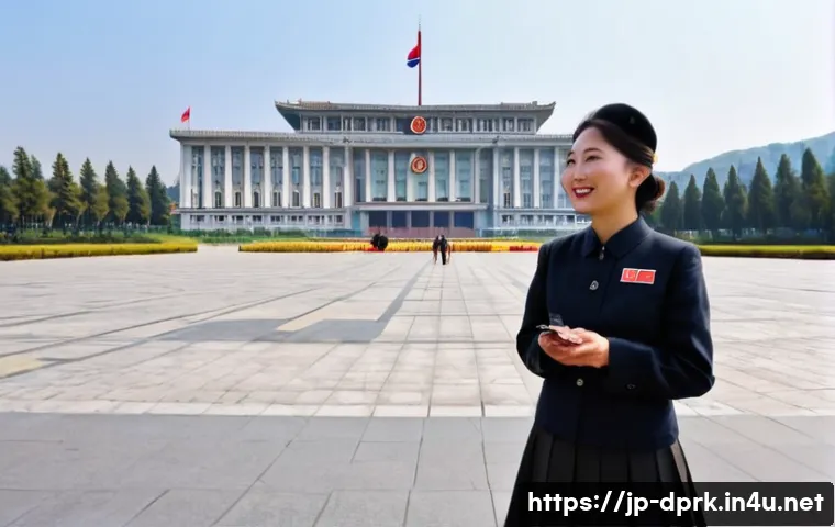 북한의 관광 가이드   역할과 규정 - **"A confident and professional female North Korean tour guide, in her late 20s, with a neat, dark u...