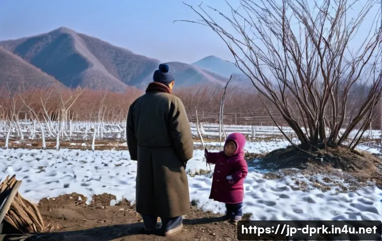 북한의 임업   목재 생산과 환경 문제 - **Prompt Title: Winter Harvest for Survival**
    **Description:** A poignant scene depicting a Nort...
