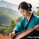 북한의 전통 악기   아쟁과 장고 - A detailed scene of a traditional Korean-style musician playing the Ajang, a seven-string wooden zit...