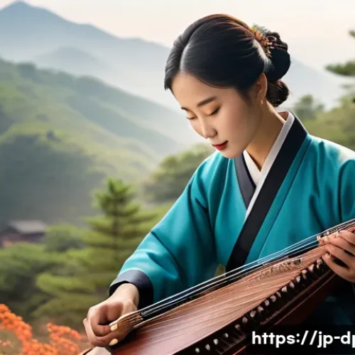 북한의 전통 악기   아쟁과 장고 - A detailed scene of a traditional Korean-style musician playing the Ajang, a seven-string wooden zit...