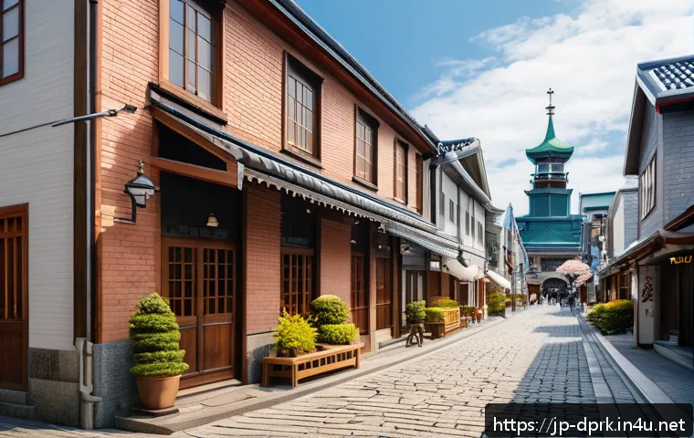 북한의 주요 도시   함흥과 청진 - A charming historic port town street scene in Hakodate during daytime, showcasing Meiji-era brick wa...