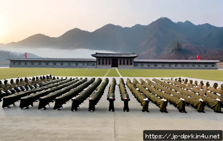 북한의 군사 훈련   훈련 방식과 주기 - Photorealistic wide-angle view of a North Korean-style military training field at dawn, uniformed so...