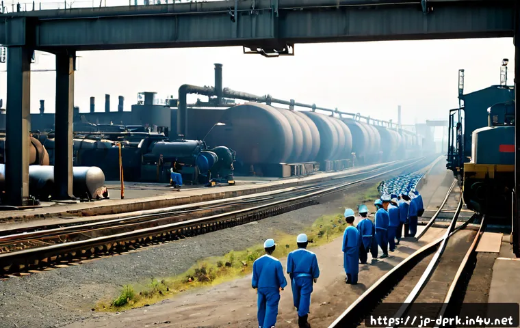 북한의 경제 계획   5개년 계획 내용 - Photorealistic editorial scene of a centrally planned industrial economy, wide view of a steel facto...