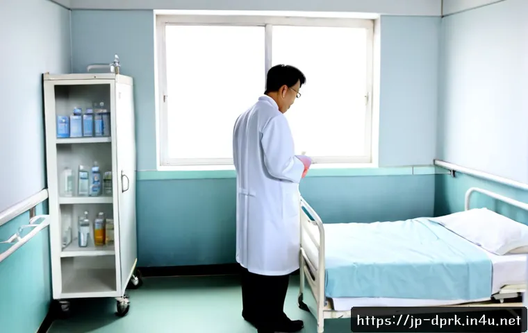 북한의 의료체계   병원과 약품 부족 문제 - Photorealistic documentary-style interior of an aging North Korean hospital ward, empty metal medici...